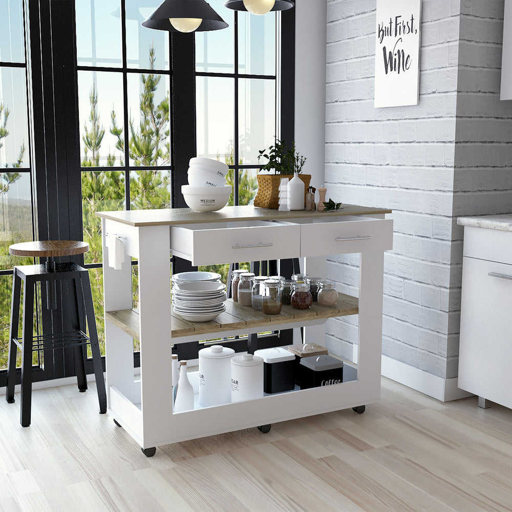 46-Inch Delos Kitchen Island with Casters and 2-Drawer – Slatted Display Shelf
