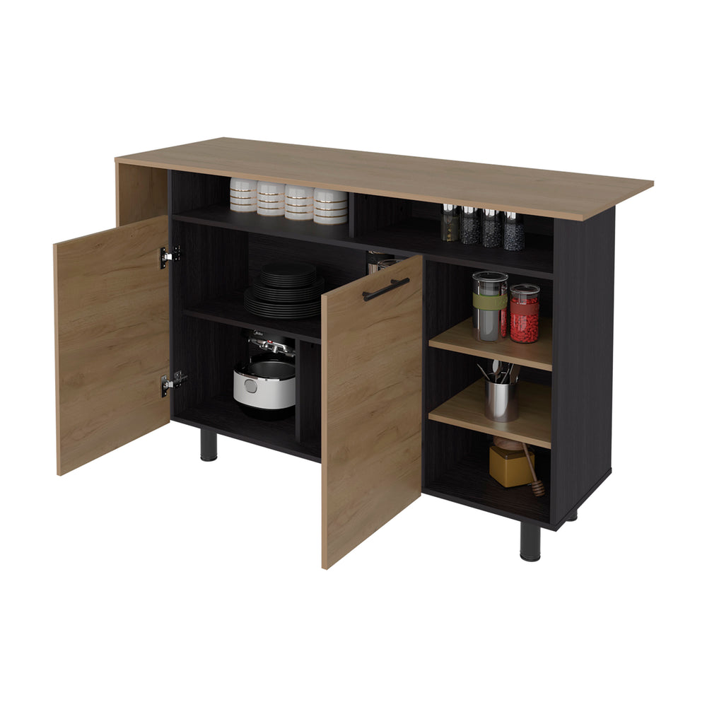 Bowdon Kitchen Island with an Open Shelf Niche, a Cabinet with Adjustable Shelving, and Open Side Shelving – Sturdy Leg-Base Build