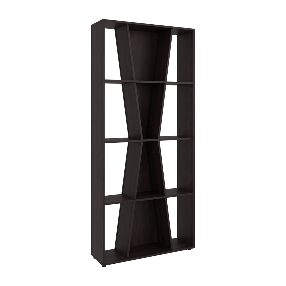 71-Inch Selawik Geometric Bookcase | 4-Tier Open Display Shelf | 11 Storage Compartments | Modern Living Room & Home Office Bookshelf – Dark Walnut Manufactured Wood Finish