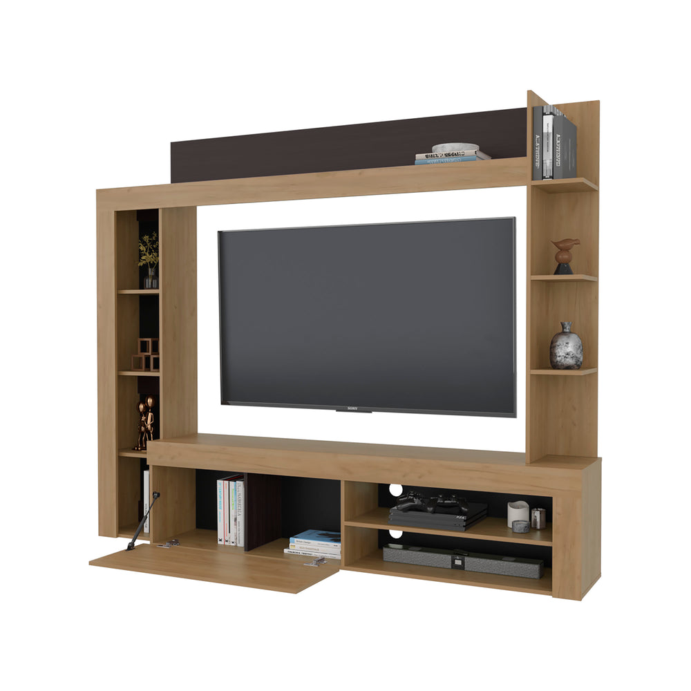 85-Inch Otis Entertainment Center with Single Door and 10 Open Shelves – Floating Panel Backdrop