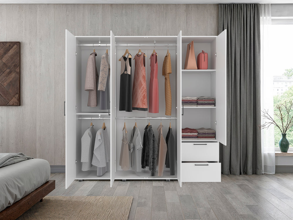 79-Inch Beluga Armoire with 2-Drawer and 4 Open Shelves – Hanging Rod Section