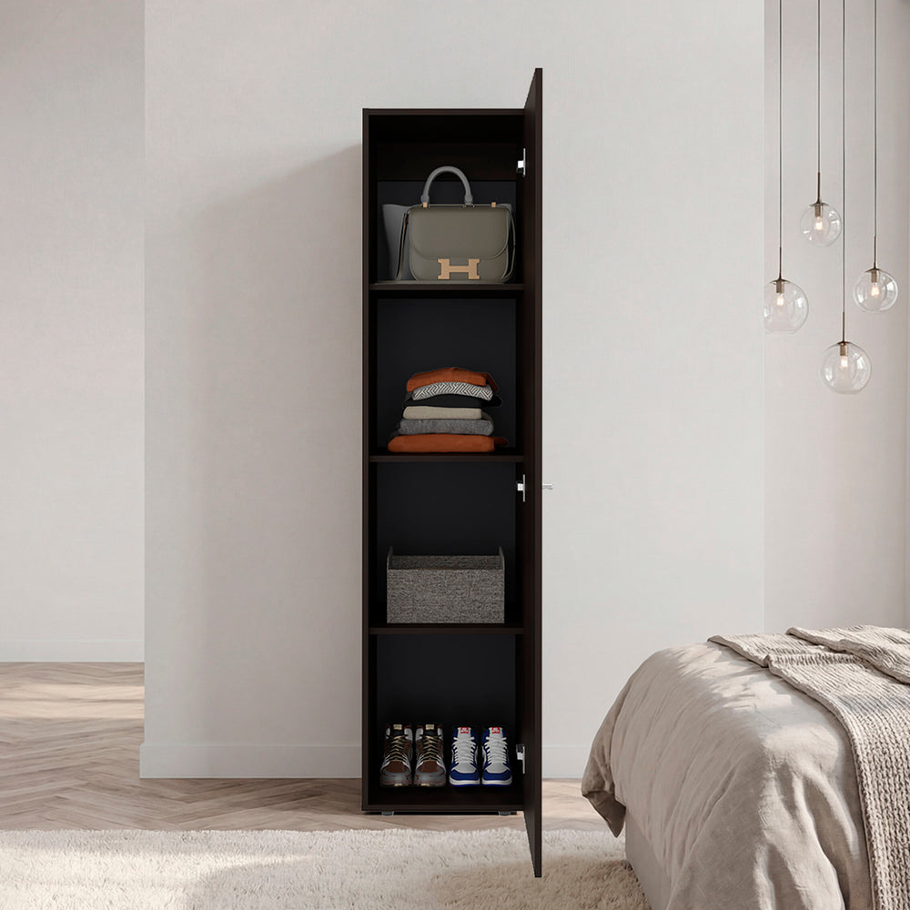 16-Inch Kotlik 1 Wardrobe Closet with Single Door and 4 Open Shelves – Paneled Door Storage