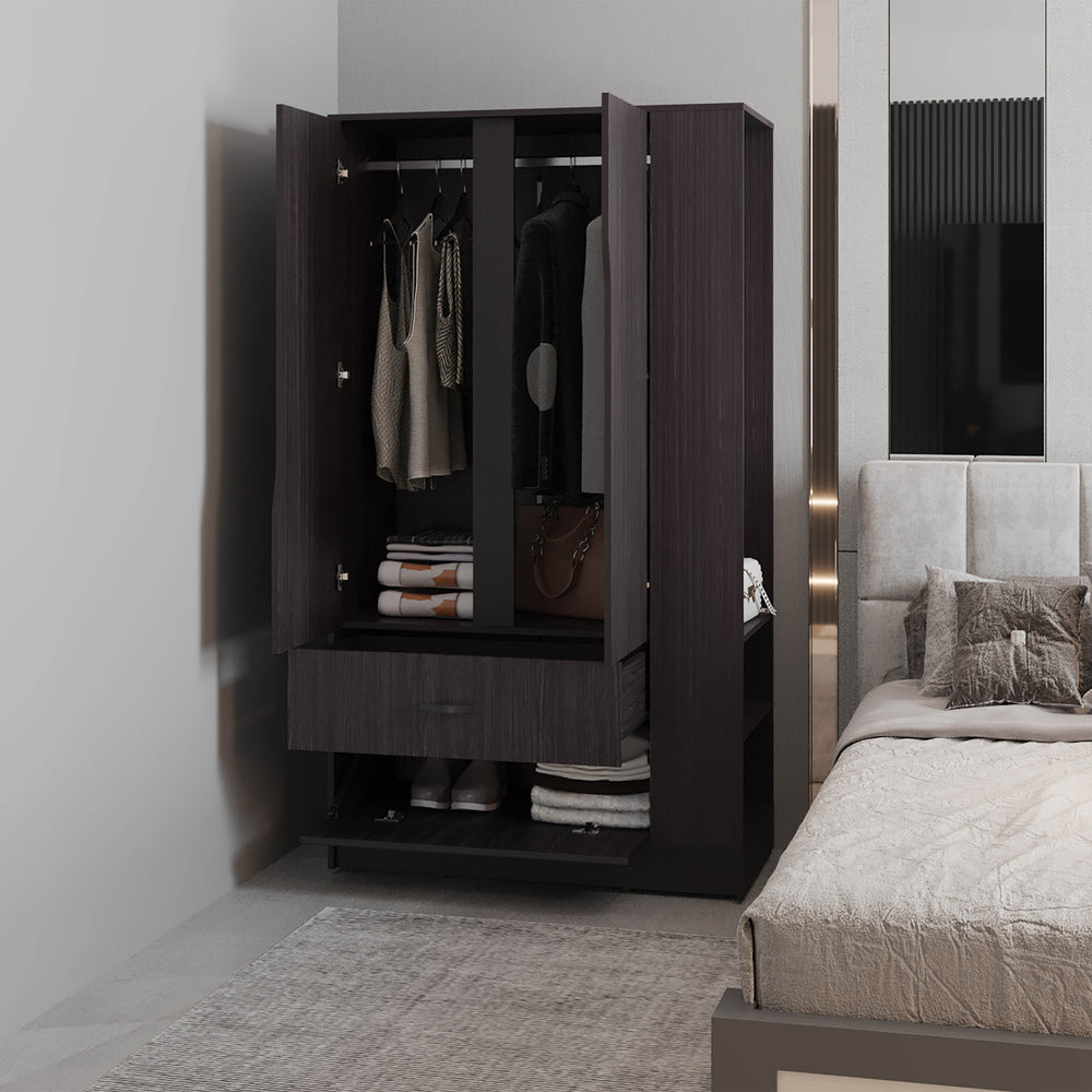 39-Inch Melvern Armoire with 1-Drawer and 4 Open Shelves – Built-In Hanging Rod