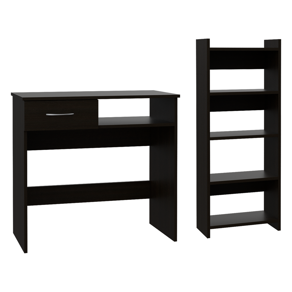 Treia Home Office Set Writing Desk with 1-Drawer and 5 Open Shelves – Desk and Bookcase Combo