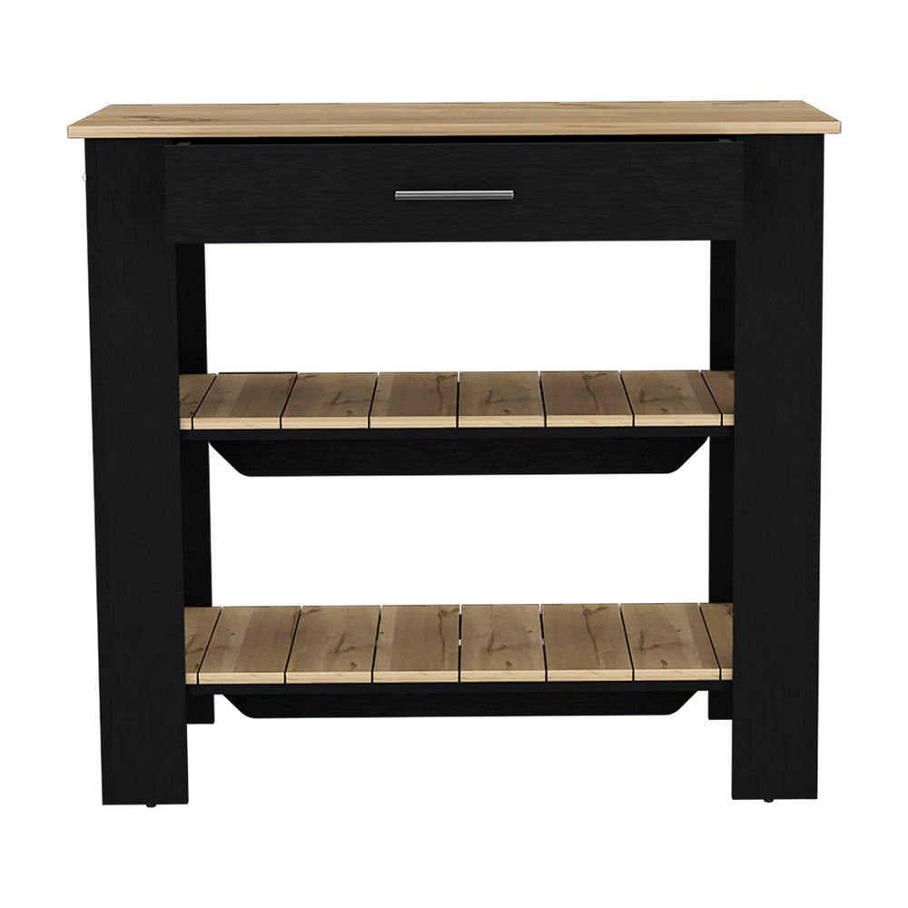 Delos Kitchen Island with 1-Drawer and 2 Open Shelves – Open Slatted Shelving
