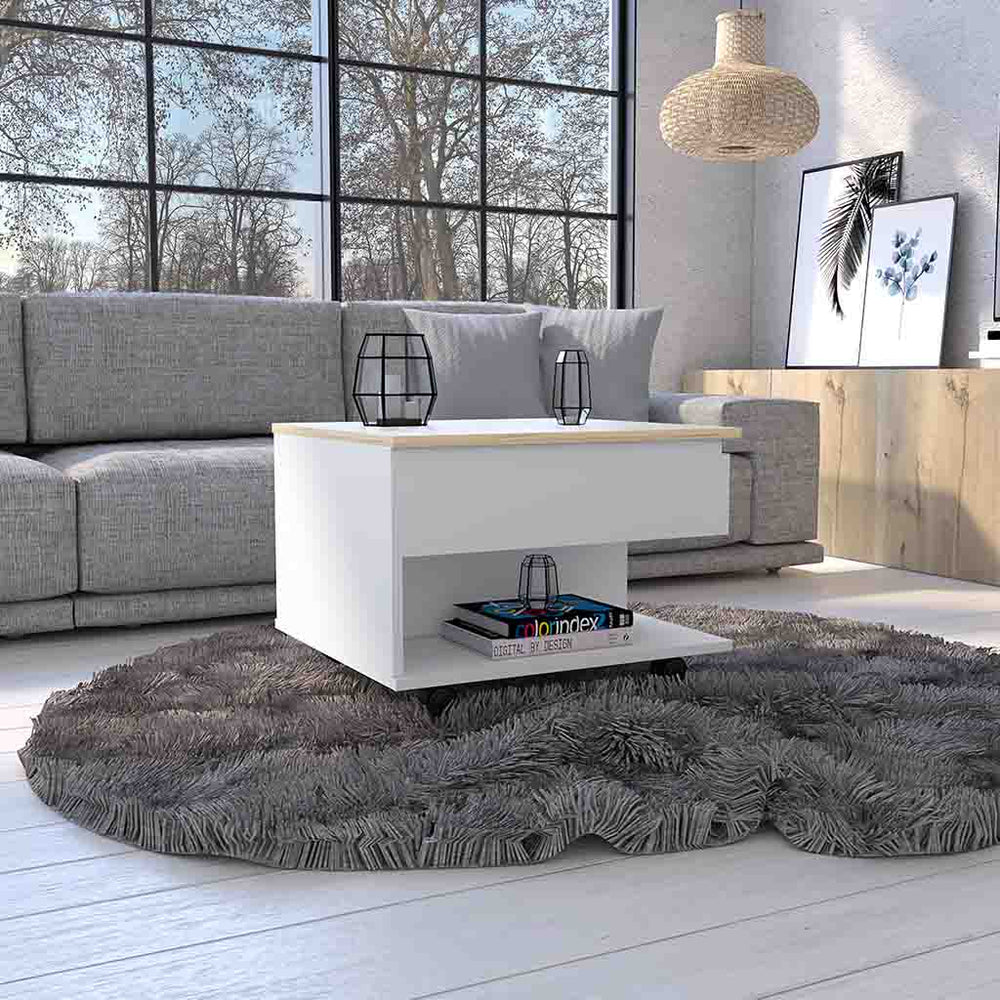 Babel Lift Top Coffee Table with Rolling Casters and Open Shelf for the Living Room – White / Light Oak Finish