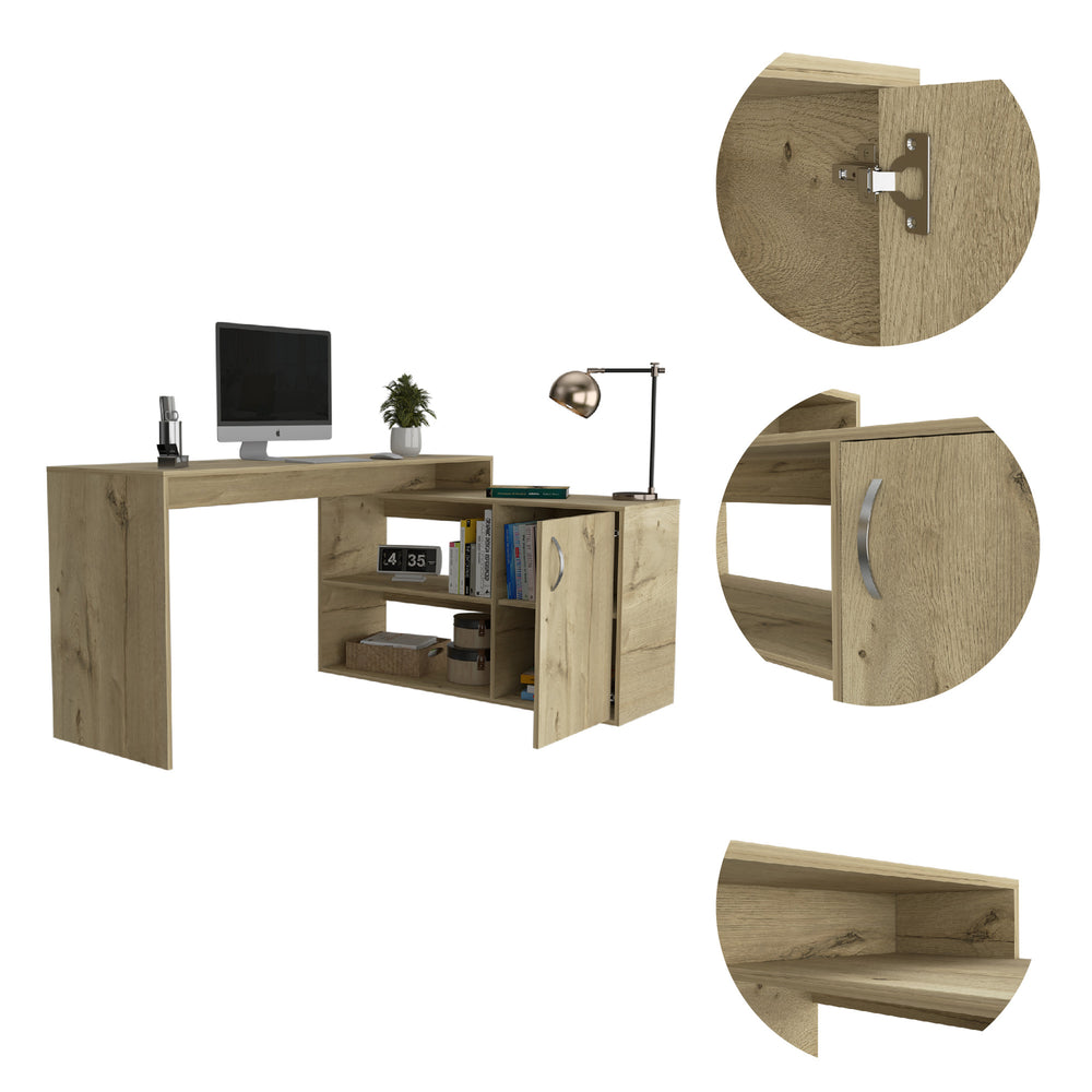 60-Inch Boston L-Shaped Computer Desk with Single Door and 2 Open Shelves – A light oak wood-grain finish Finish
