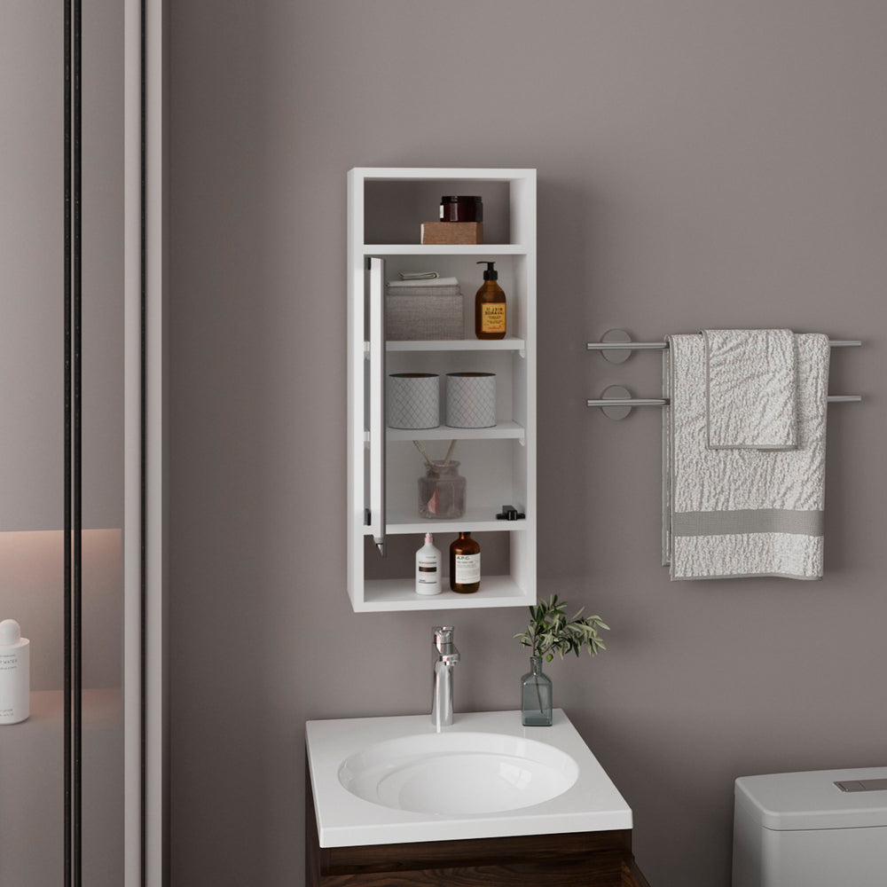 12-Inch Sayre Medicine Cabinet with Single Door and 5 Open Shelves – Mirrored Cabinet Storage