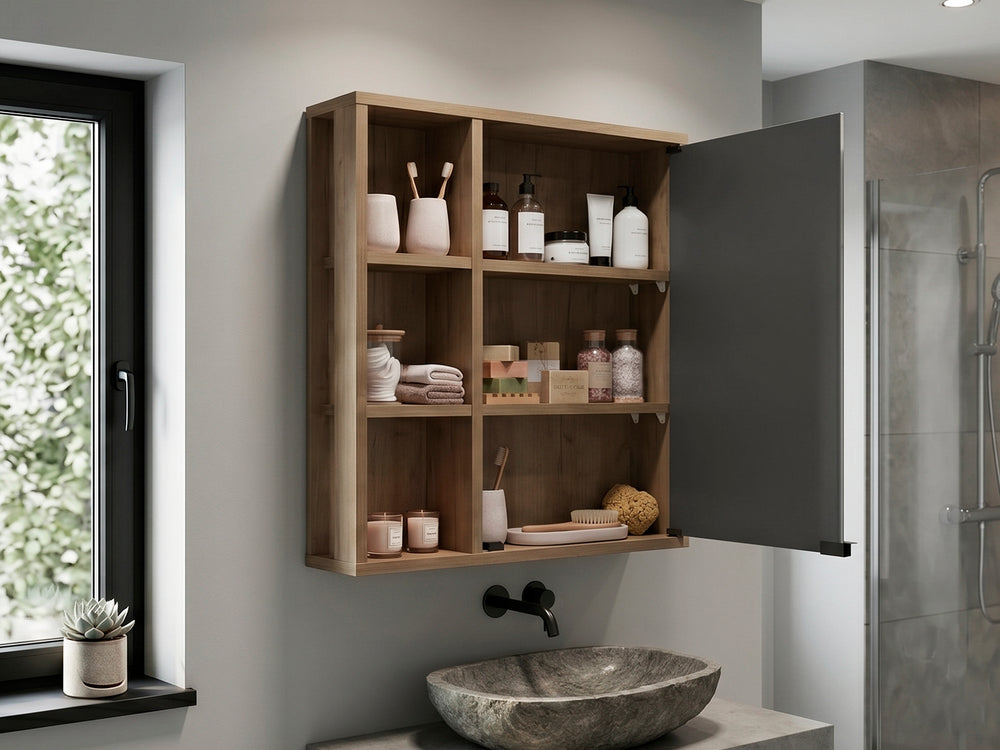23-Inch Tonsina Bathroom Wall Cabinet with Mirror Door – Medicine Cabinet with 6 Open Shelves & Mirrored Sliding Door – Hinged Mirror Door