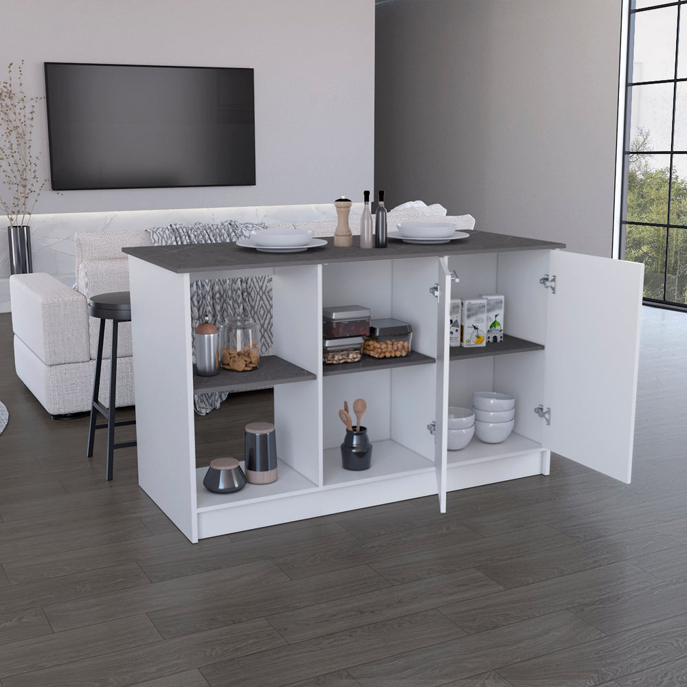 59-Inch Coral Kitchen Island with Double Door – Open Shelving Display