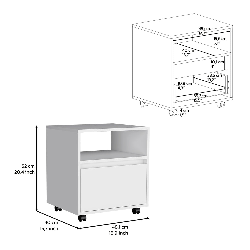 19-Inch Wasilla Nightstand with Casters and 1-Drawer – Open Display Shelf