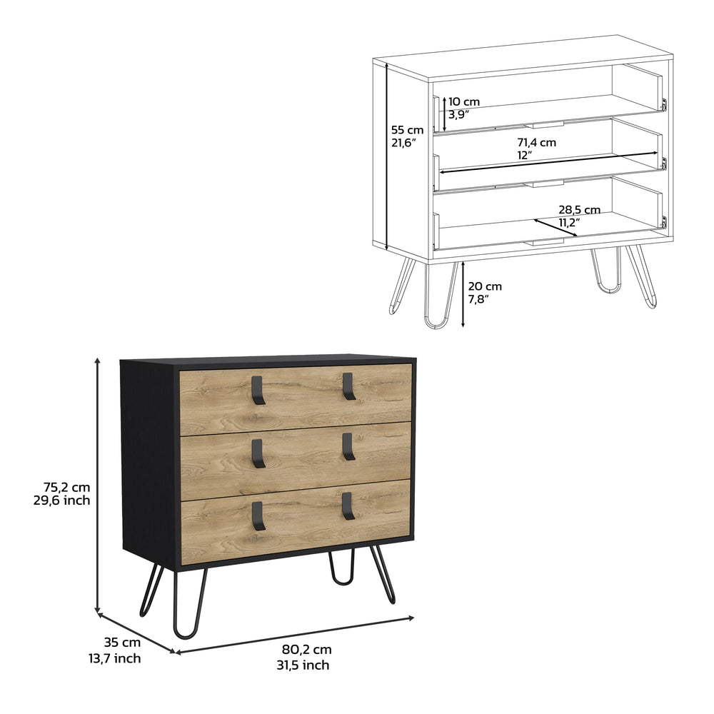 32-Inch Huna Three-Drawer Dresser with 3-Drawer – Slim Hairpin Legs
