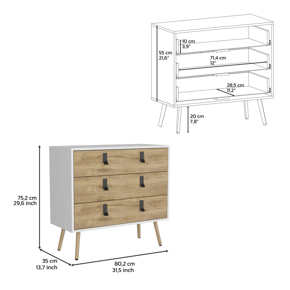 32-Inch Toka Dresser with 3-Drawer – Tapered Wood Legs