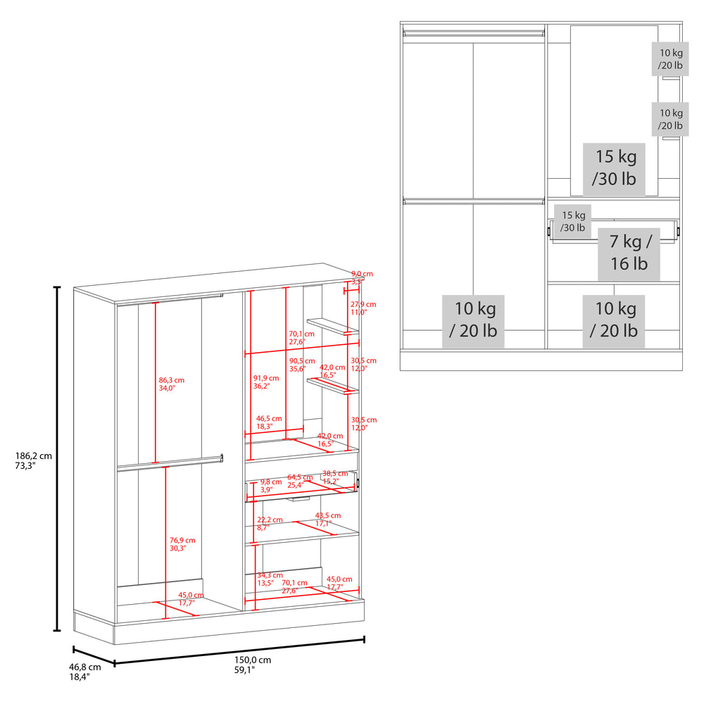 59-Inch Everson Armoire with 1-Drawer and 5 Open Shelves – Sturdy Build and Weight Capacity