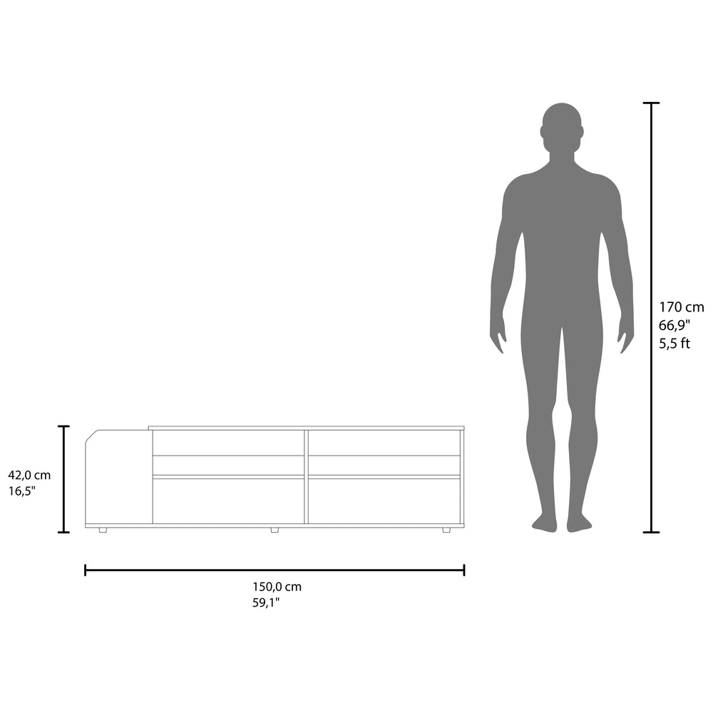 59-Inch Stem TV Stand with 5 Open Shelves – Two-Tone Rounded Accent