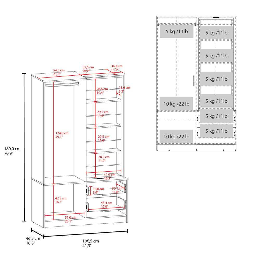 42-Inch Vinco Armoire with 2-Drawer and Single Door – Sturdy Build and Weight Capacity