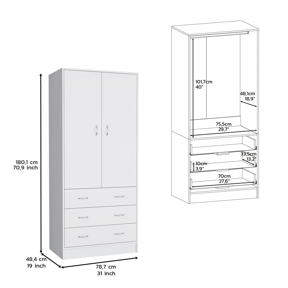 31-Inch Melfa 71" H Armoire with 3-Drawer and Double Door – Durable Construction