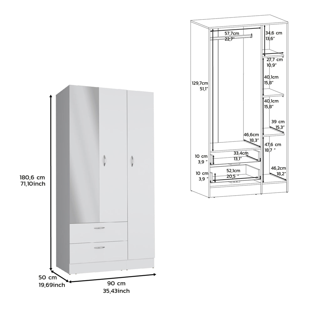 35-Inch Troy Wardrobe Closet with Mirror and 2-Drawer – Durable Construction