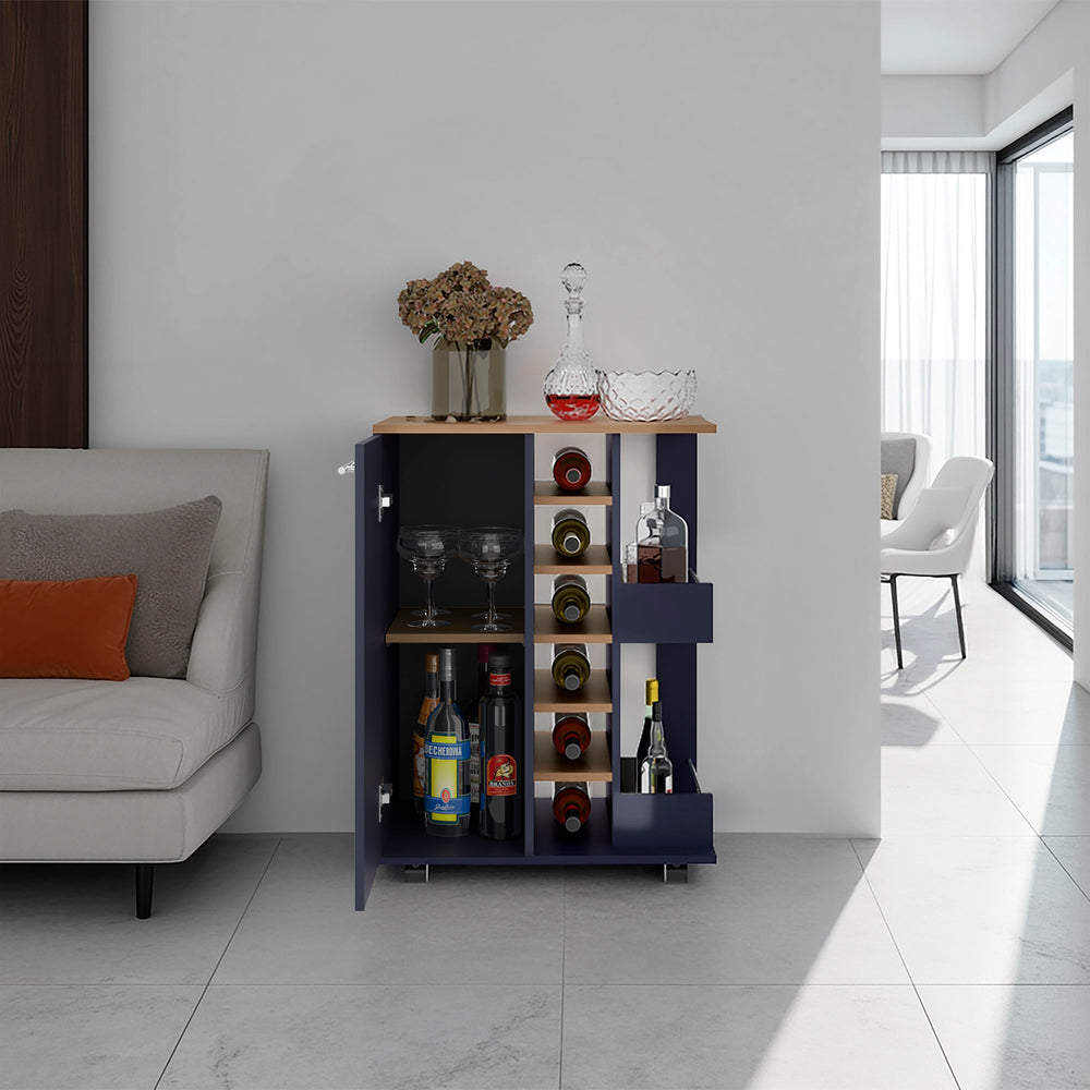 24-Inch Searcy Bar Cart with Single Door and 9 Open Shelves – Wine Storage Plus Concealed Cabinet