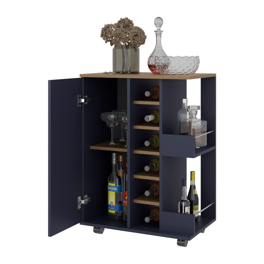 24-Inch Searcy Bar Cart with Single Door and 9 Open Shelves – Compact Footprint