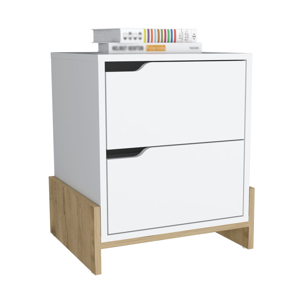 Haines Nightstand with 2-Drawers, End Table with Sturdy Base – White / Macadamia Finish