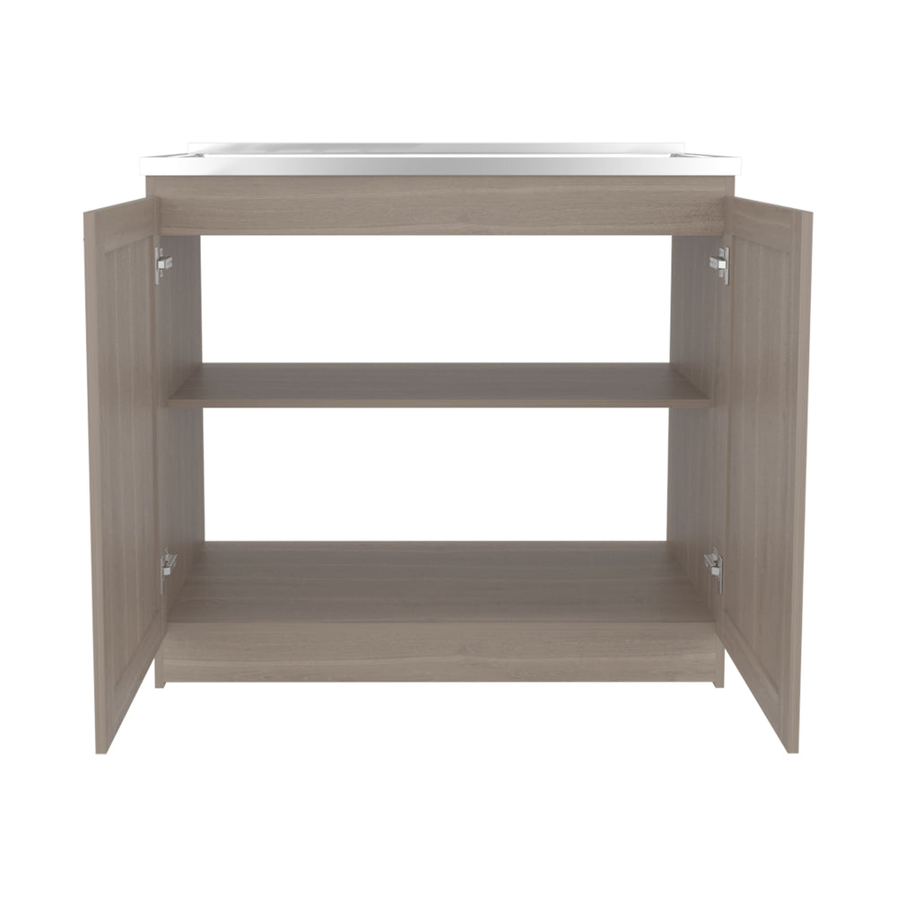 39-Inch Bickleton Freestanding Utility Sink Cabinet with Double Door and 2 Open Shelves – Easy Assembly