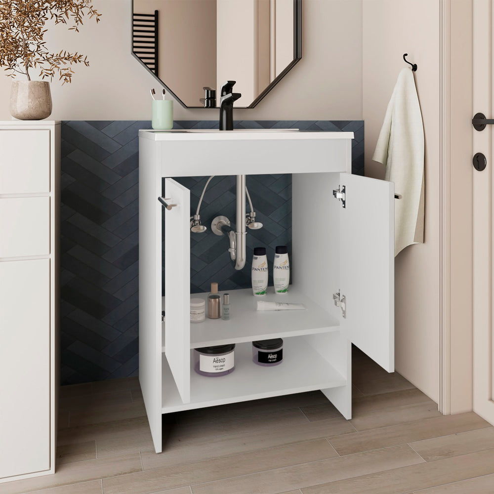 23-Inch Polkton Bathroom Vanity with Sink with Double Door and 2 Open Shelves – Compact Bathroom Vanity
