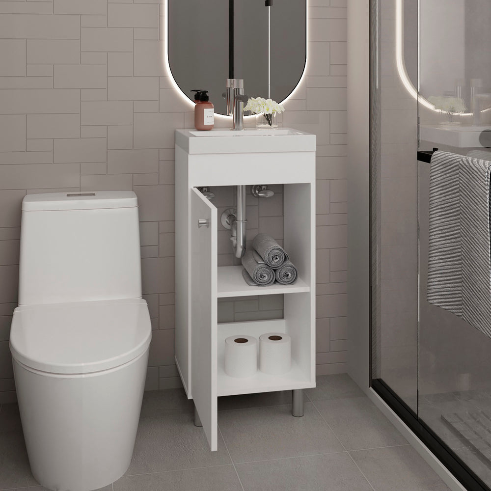 16-Inch Valdez Bathroom Vanity with Sink with Single Door and 2 Open Shelves – Compact Vanity with Shelving