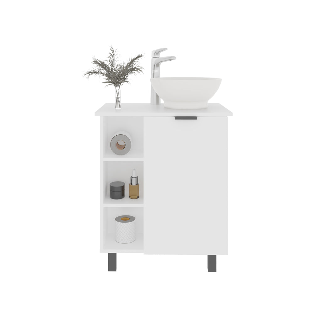 24-Inch Dobson Bathroom Vanity with Sink with Single Door and 5 Open Shelves – Moisture-Resistant White Finish