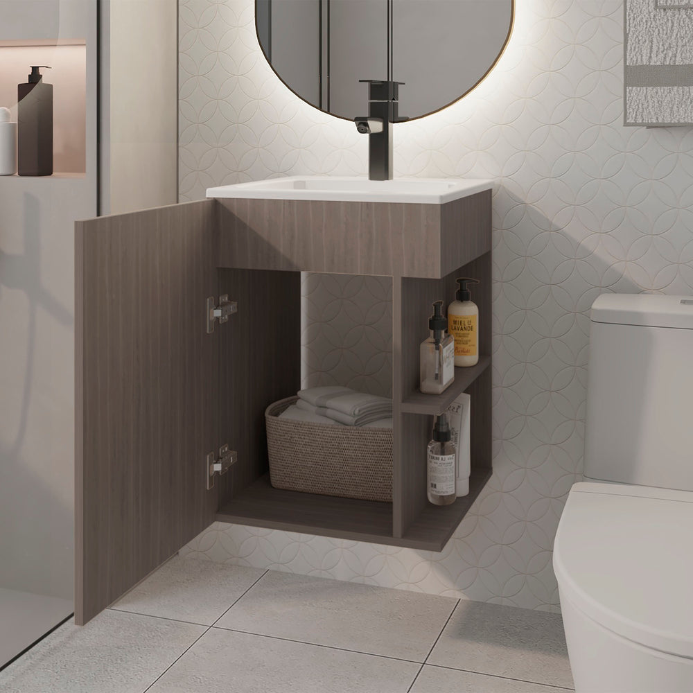 18-Inch Froid Bathroom Vanity with Sink with Single Door and 2 Open Shelves – Integrated Sink Basin
