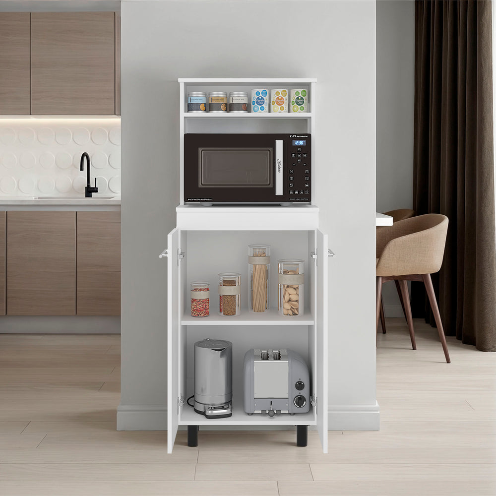 24-Inch Enderlin Storage Cabinet with Double Door and 3 Open Shelves – Dedicated Microwave Niche