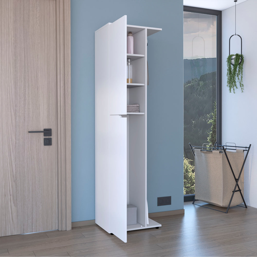 20-Inch Tok Broom Closet Organizer with Single Door and 4 Open Shelves – Built-In Broom and Mop Holder