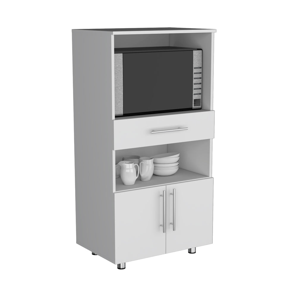 24-Inch Wales Kitchen Pantry Cabinet with Double Door and 2 Open Shelves – Built-In Microwave Niche