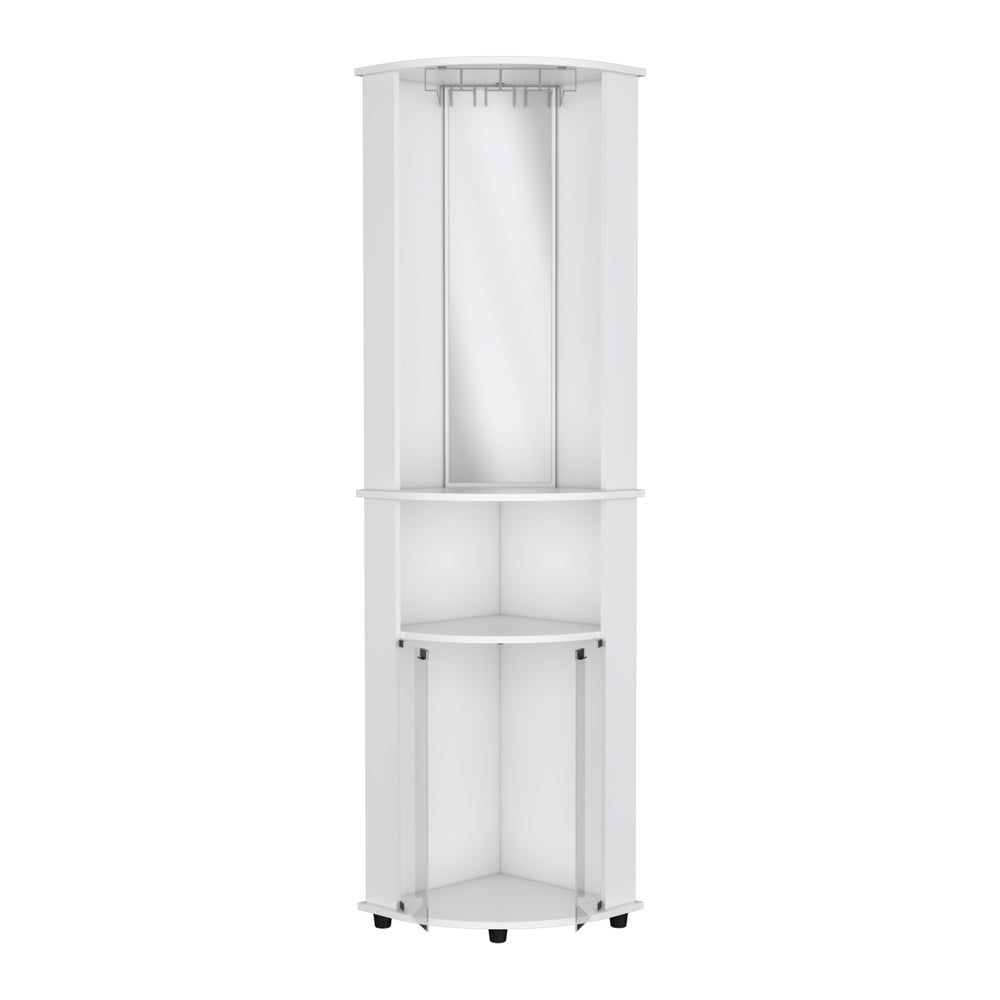 Nashville Corner Cabinet with Mirror, Coat Hooks, and Curved Glass-Door Storage, an Entryway Hall Tree for Small Spaces – Full-Length Mirror