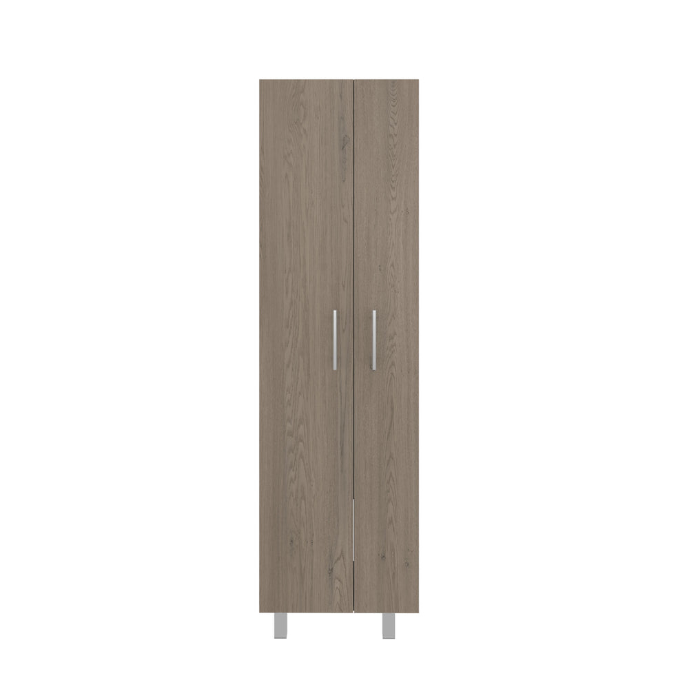 Nala Tall Cleaning Cabinet with Double Doors, Interior Shelving and a Full-Height Broom Compartment – Slim Footprint on Raised Legs