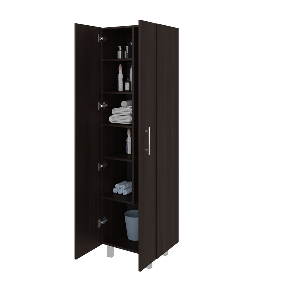 Nala Tall Cleaning Cabinet with Double Doors, Interior Shelving and a Full-Height Broom Compartment – Double Doors with Metal Handles