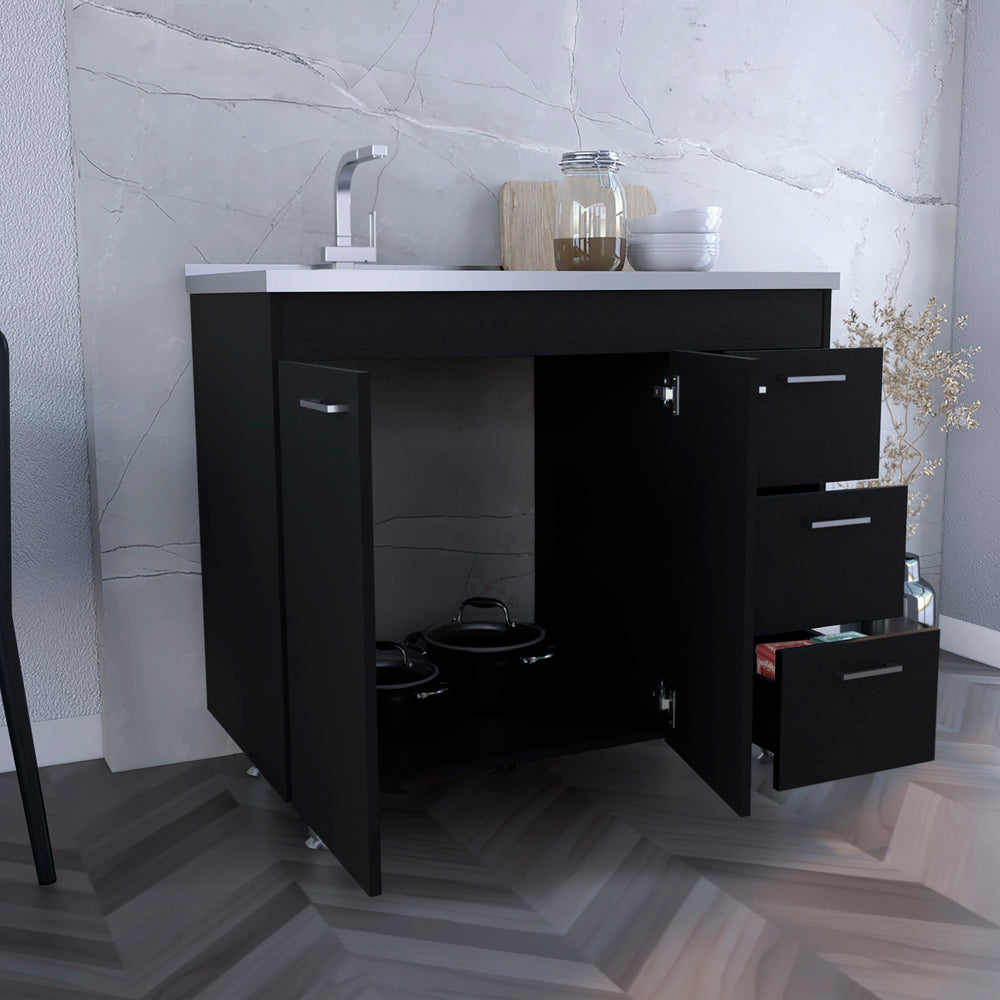 39-Inch Rushville Freestanding Utility Sink Cabinet with 3-Drawer and Double Door – Pre-Cut Sink Opening