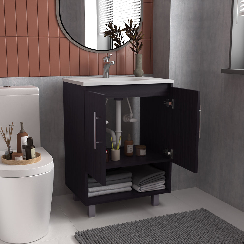 24-Inch Azure Bathroom Vanity with Sink with Double Door and 4 Open Shelves – Enclosed Cabinet Storage