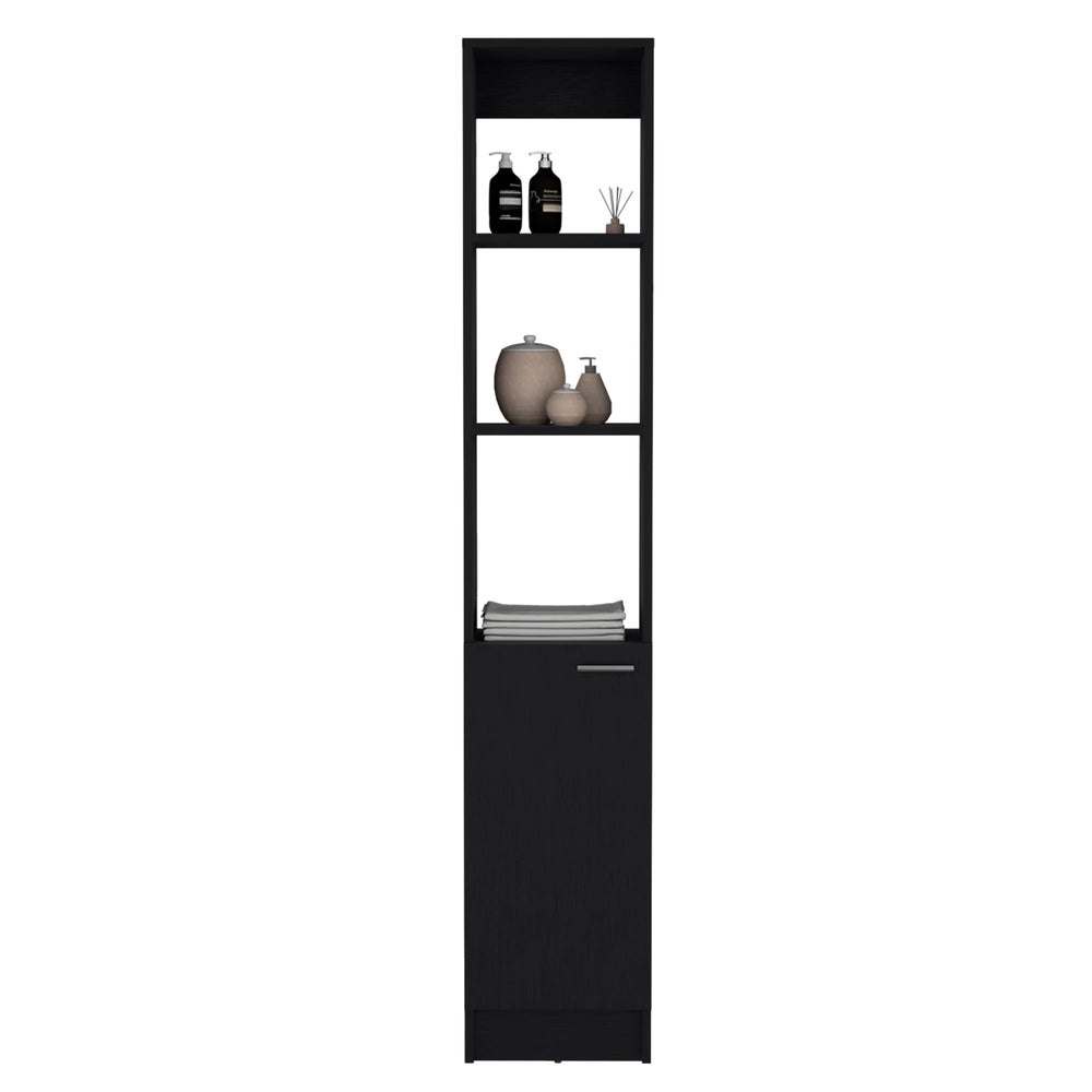 13-Inch Parks Linen Tower Cabinet with Single Door and 6 Open Shelves – Rich Black Wengue Finish