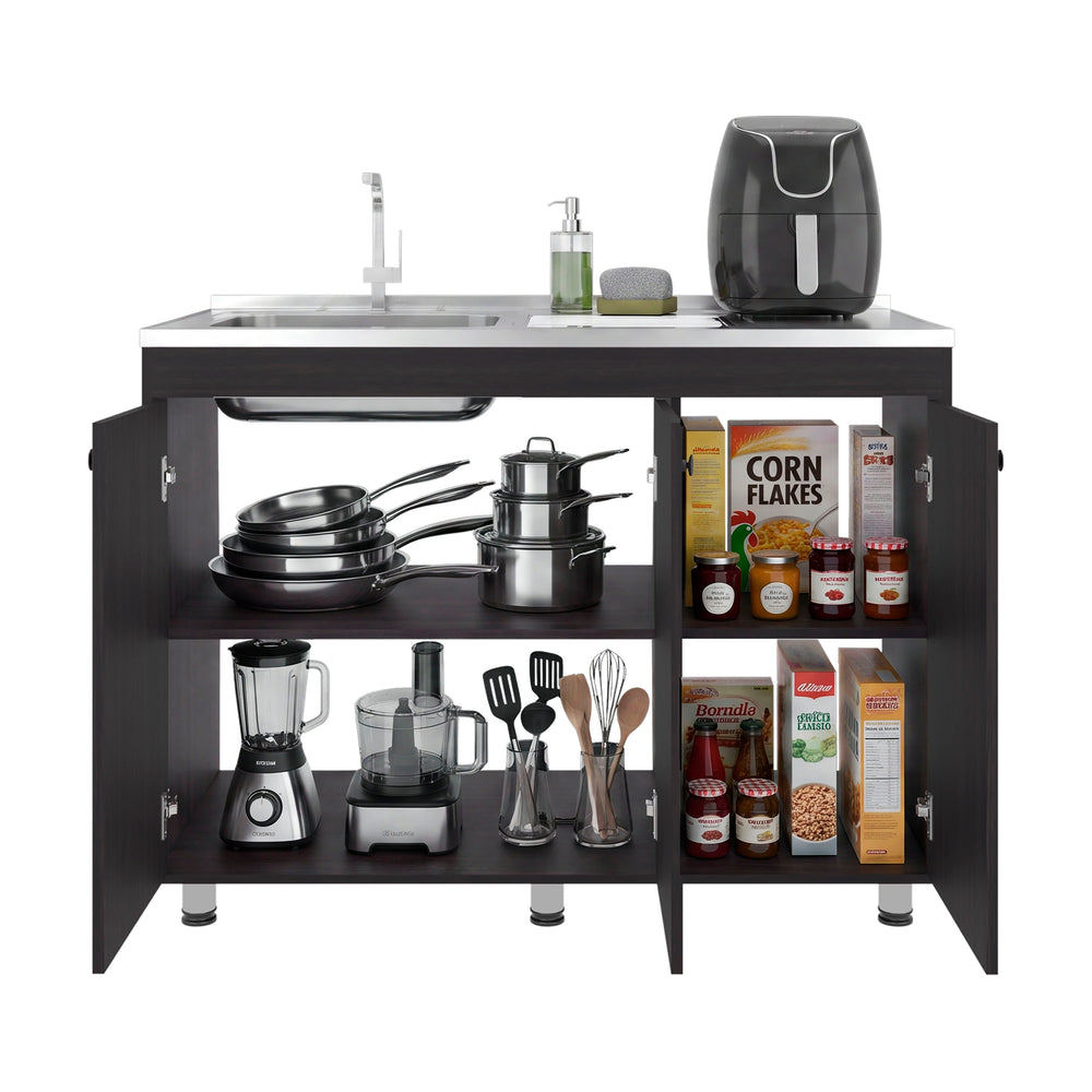 Spindale Sink Base Cabinet, Kitchen Cabinet with Integrated Sink and Drainboard, Interior Shelves and Doors – Shelved Compartments