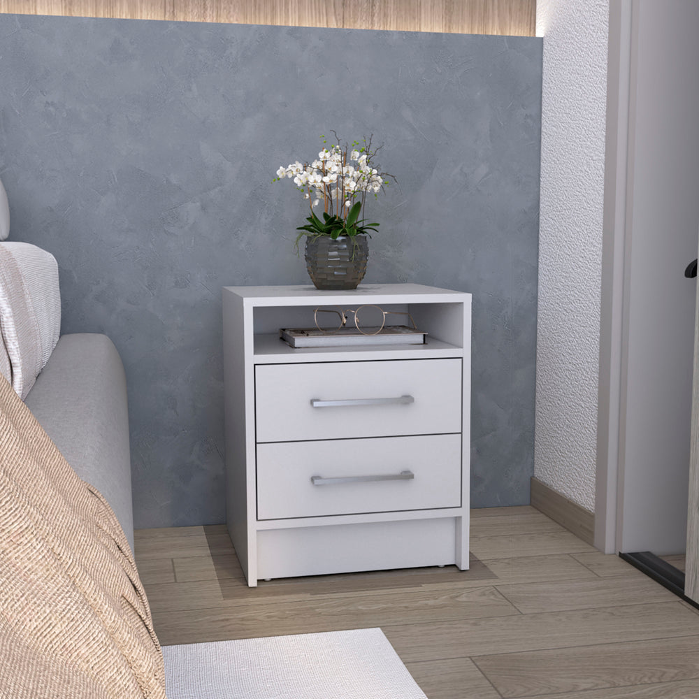 Kelso Nightstand with an Open Display Shelf and Storage Drawers for the Bedroom Set – Clean White Finish