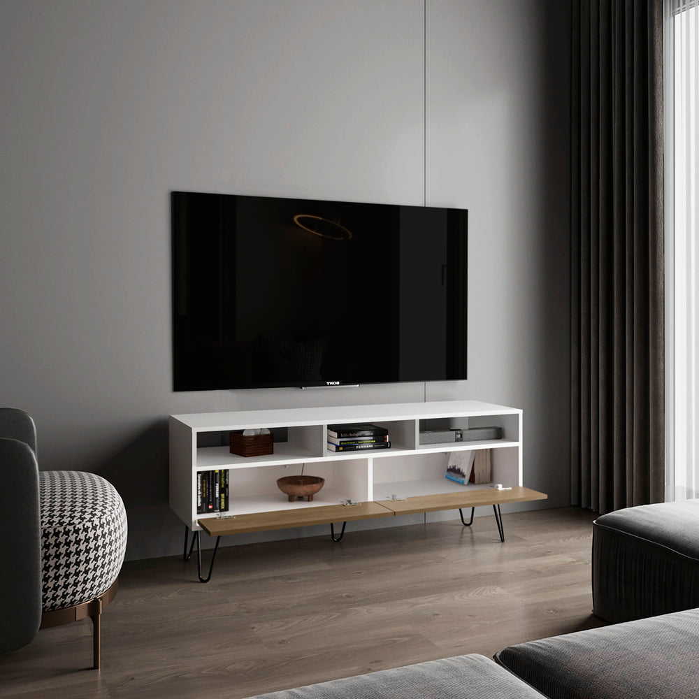 54-Inch Salunga TV Stand with Double Door and 3 Open Shelves – Cabinet Door Storage