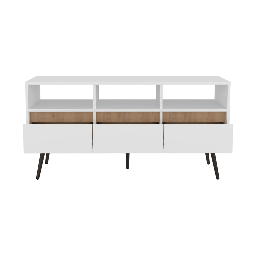 47-Inch Barrow TV Stand with 3-Drawer and 3 Open Shelves – Two-Tone Streamlined Finish