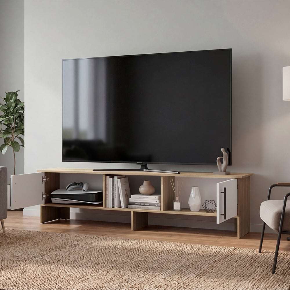 Buford TV Stand with Open Shelving for Media Storage and a Low-Profile Silhouette – Low, Wide Footprint