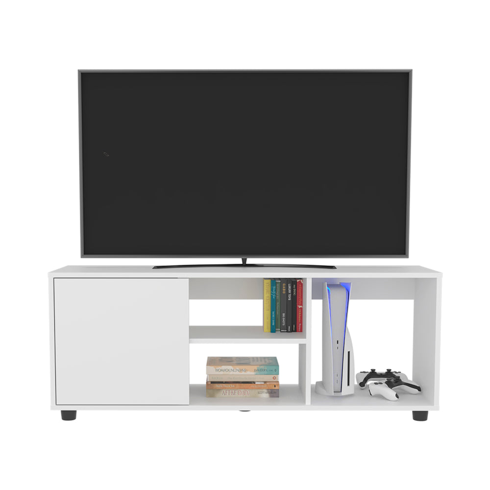 51-Inch Penndel TV Stand with Single Door and 4 Open Shelves – Sturdy White Build
