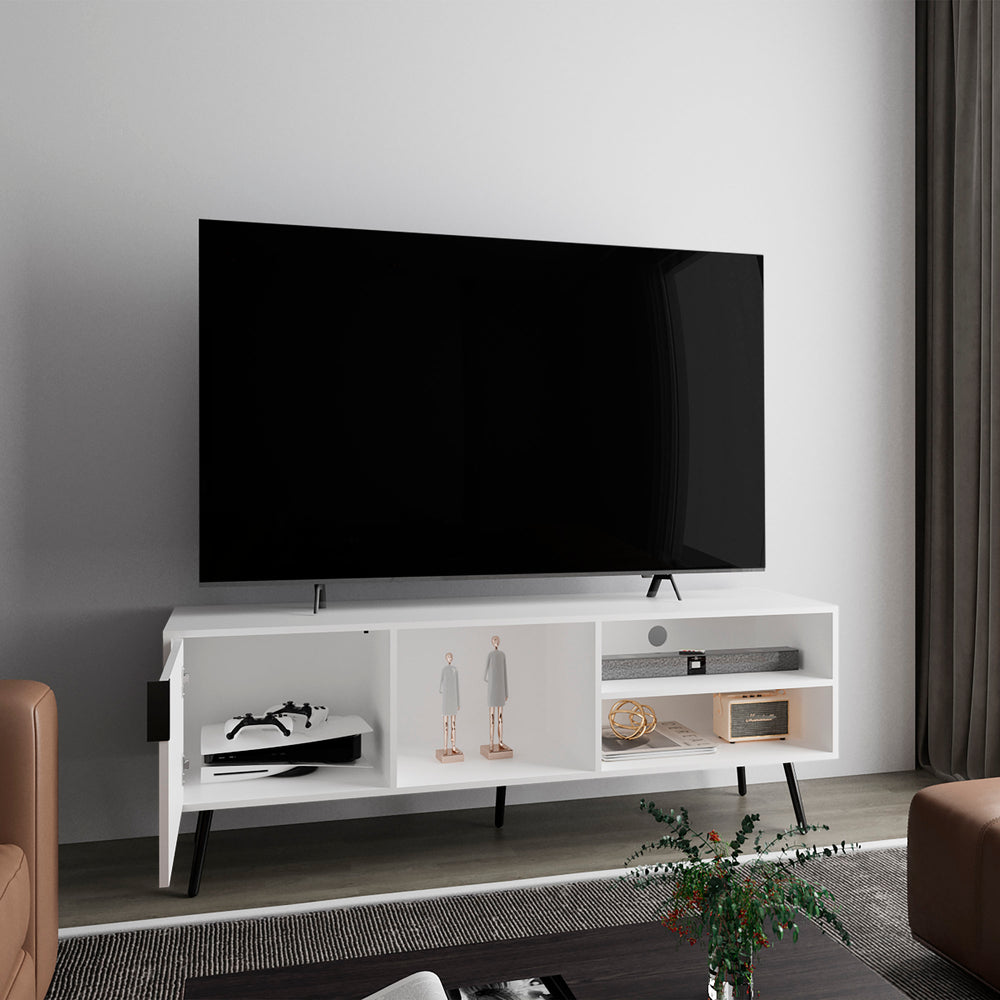 63-Inch Ekwok TV Stand with Single Door and 3 Open Shelves – Built-In Cable Management