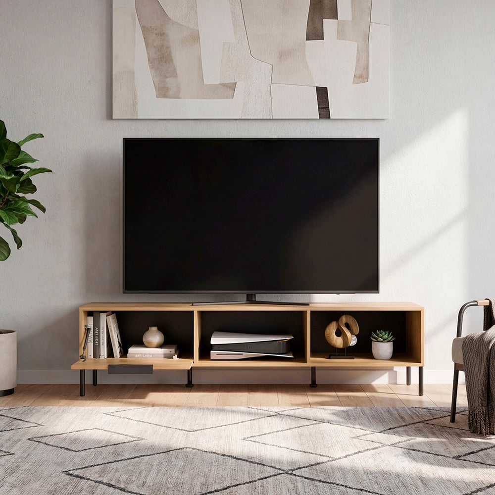 Elroy Long TV Stand with a Storage Drawer and Open Shelving for TVs up to 85 Inches – Warm Natural Oak Finish