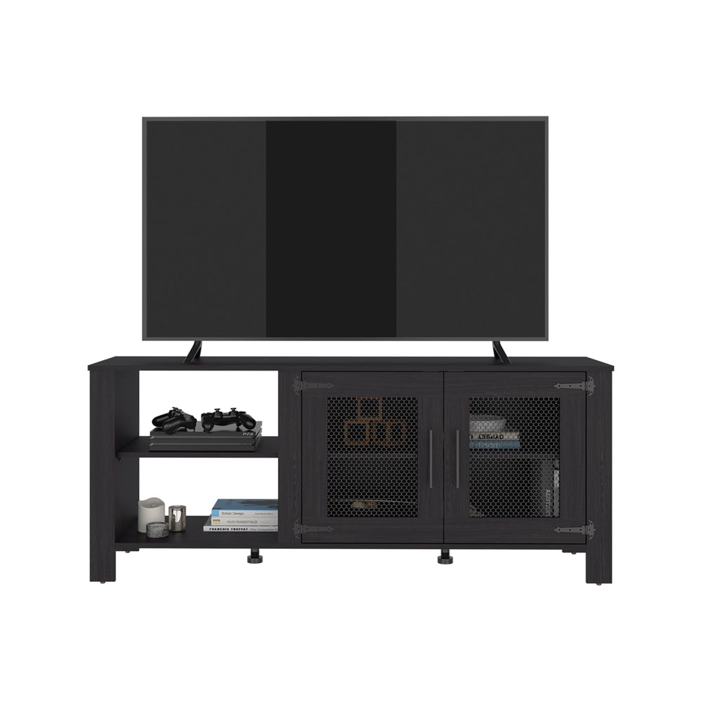 Capron TV Stand with Wire-Mesh Cabinet Doors and Open Side Shelving for Media Storage – Wire-Mesh Cabinet Doors