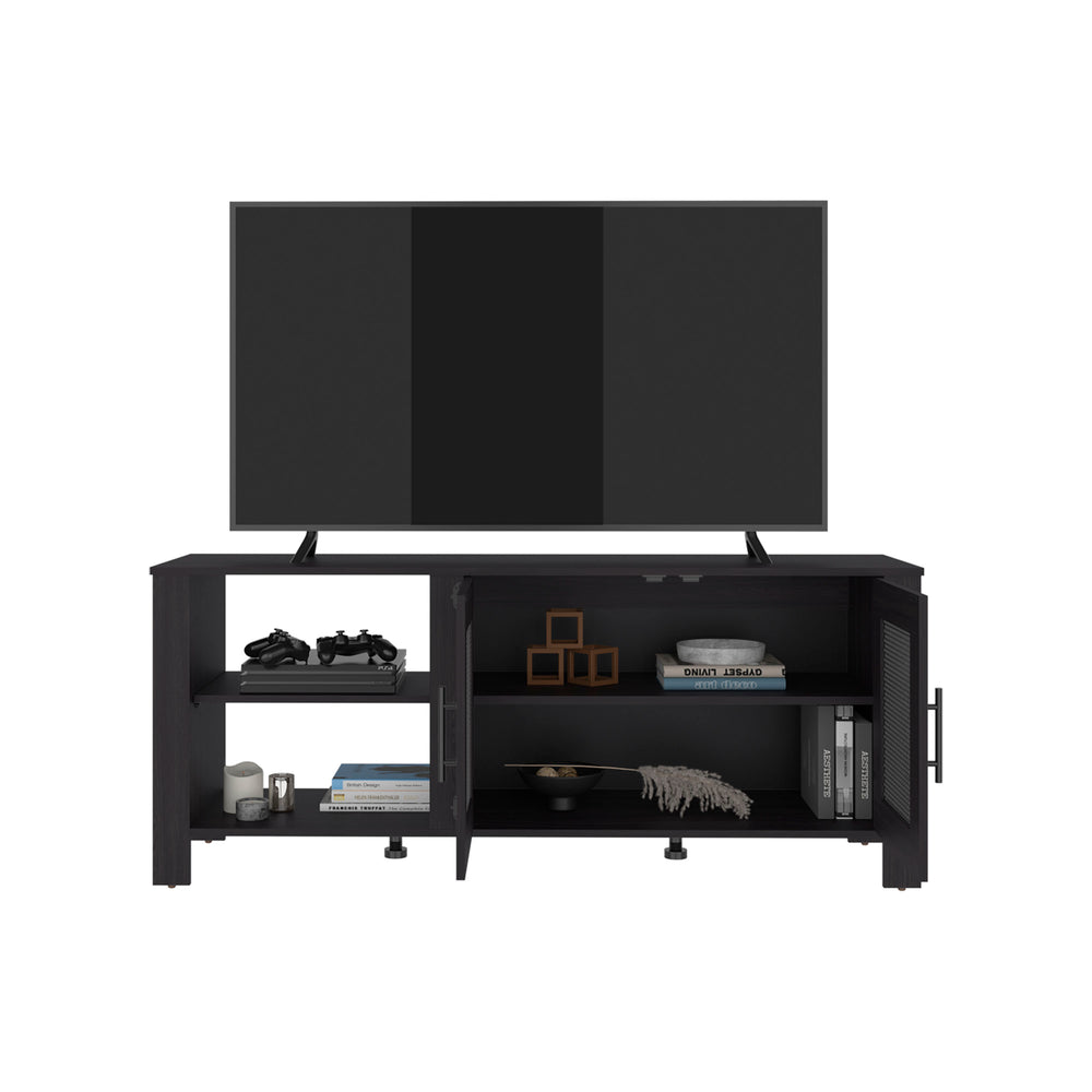 Capron TV Stand with Wire-Mesh Cabinet Doors and Open Side Shelving for Media Storage – Open Side Shelving