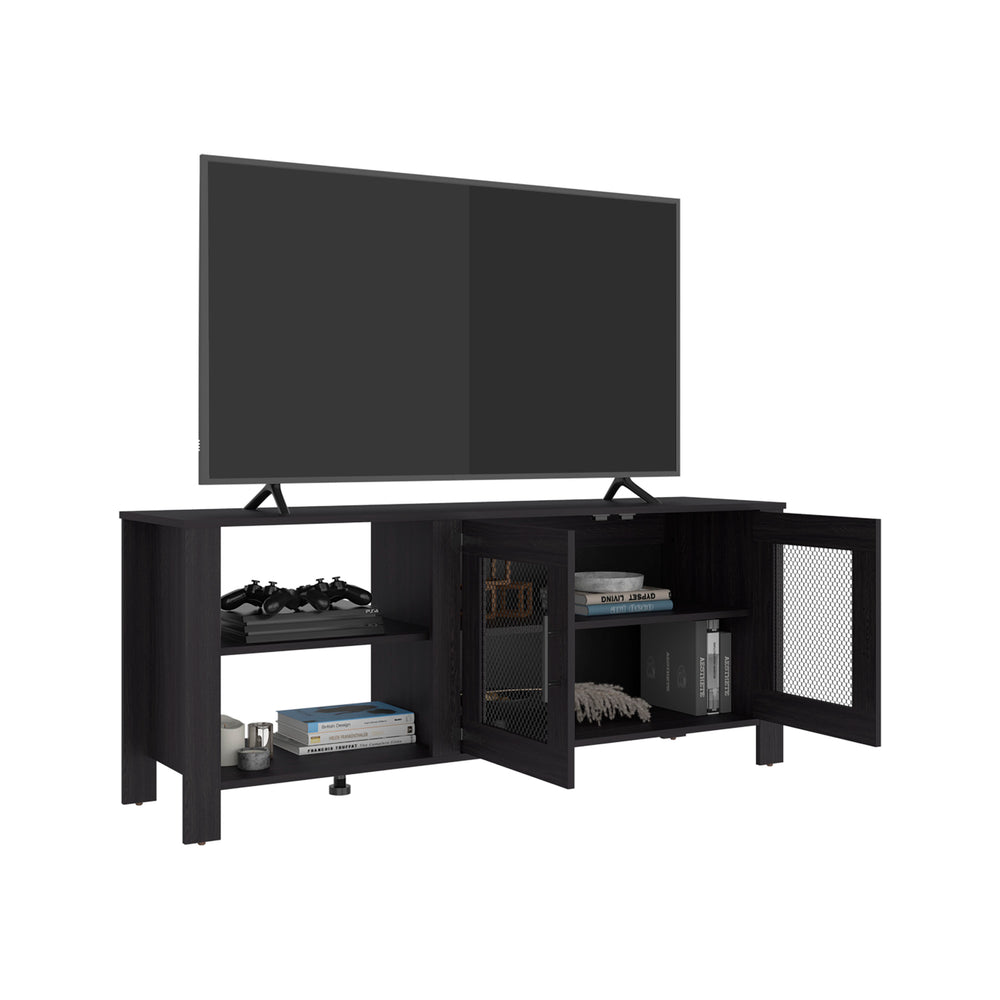 Capron TV Stand with Wire-Mesh Cabinet Doors and Open Side Shelving for Media Storage – Smooth Easy-Clean Finish
